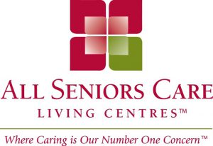 All Seniors Care Living Centres logo. Stylized square in quarters, with three quarters red and one green. Words are All Seniors Care Living Centres ™ with tagline Where Caring is Our Number One Concern
