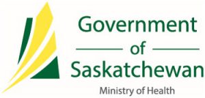 Ministry of Health, Government of Saskatchewan, logo. Stylized province of Saskatchewan shape in dark green with swooping gold lines representing wheat on the left. Words Government of Saskatchewan in green letters on the right, with Ministry of Health in smaller letters underneath, in dark gray.