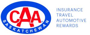 CAA Saskatchewan logo. Large CAA in red uppercase, surrounded by blue oval with Saskatchewan in white letters, with tagline Insurance Travel Automotive Rewards