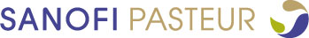 Sanofi Pasteur logo. Word Sanofi in blue uppercase letters, Pasteur in gold uppercase letters, stylized orb in curved teardrop shapes in gold, blue and green surrounding a white space that is in the shape of a dove.