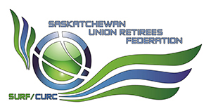Saskatchewan Union Retirees Logo. Stylized image of two-tone green sphere within a white circle within a two-tone blue circle, supported by stylized "wings" comprised of three wavy lines, narrower at end near circle image, in alternating lines of green, blue, and green. Lines on left are shorter and go vertically up the side of the circle image, lines on right extend like wings, supporting the circle image and the words Saskatchewan Union Retirees Federation in uppercase blue letters. Letters SURF/CURC are below the circle, as if the larger "wing" lines were extending out from them. SURF is in green font, CURC is in blue.