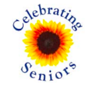 Celebrating Seniors logo. Sunflower image with Celebrating curving above the flower and Seniors curving below.
