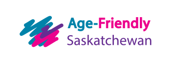 Small Age-Friendly Saskatchewan logo. Zigzags of teal, purple and pink with words Age-Friendly Saskatchewan to the right of the image.