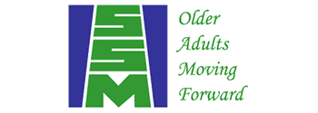 Small SSM logo. Letters SSM are in Green font vertically forming a stylized shape of the province of Saskatchewan, bordered with dark blue. Tagline is Older Adults Moving Forward