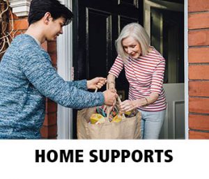 Thumbnail image of young man delivering groceries to older woman at the door of her home. Caption is Home Supports.