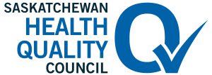 Saskatchewan Health Quality Council Logo. Words Saskatchewan and Council in smaller black font, uppercase; words Health Quality in larger blue font, uppercase. To the right of the words is a large blue Q with a checkmark forming the line on the Q