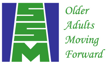 SSM Logo. Stylized SSM in the shape of Saskatchewan, with the tagline Older Adults Moving Forward