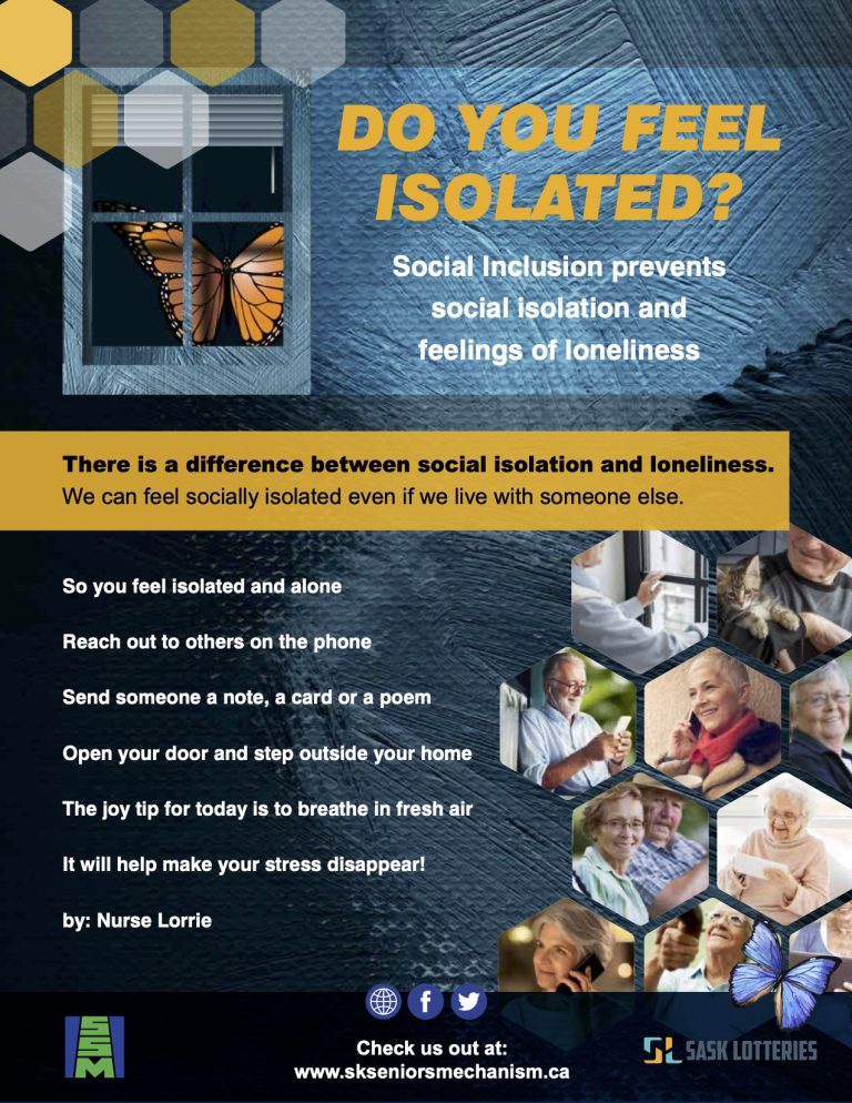 Social Isolation Poster: Image of window with butterfly behind it, poem about isolation, honeycomb montage of photos of older adults connecting to others in some way.