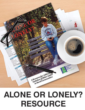 Thumbnail includes image of cover of Alone or Lonely resource, with coffee cup, pen, and folded glasses. Caption is Alone or Lonely Resource.