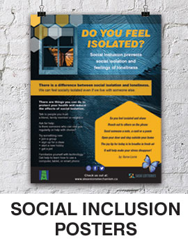 Thumbnail image of Social Inclusion poster. Image of window with butterfly behind it, suggestions of ways to counteract isolation, poem about isolation. Caption is Social Inclusion Posters.