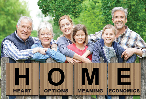 Image for SSM Conference 2023. Smiling multi-generational family standing behind the word HOME with the caption under each letter of Heart, Options, Meaning, Economics.