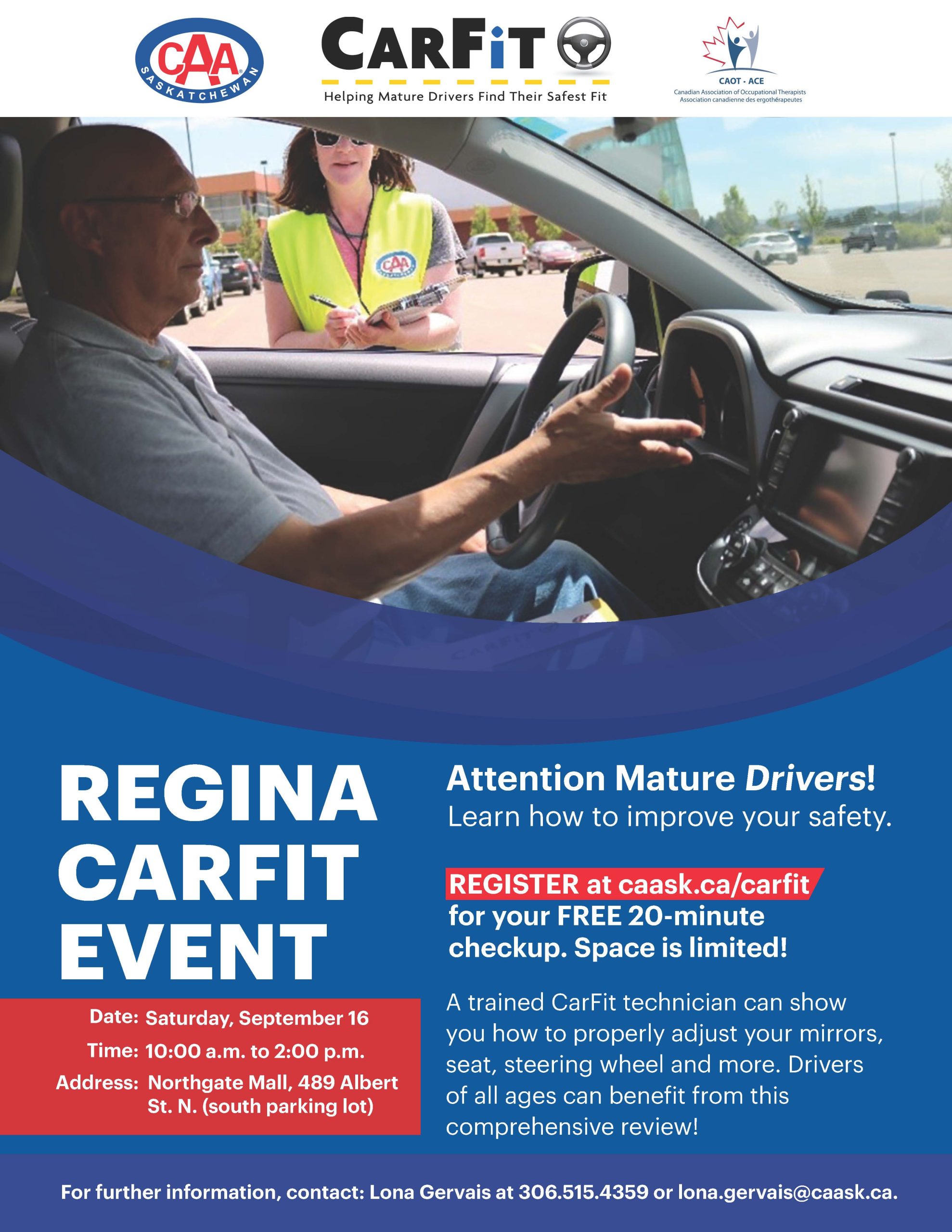 Poster for CAA Regina CarFit event, Saturday September 16. Image of older man at wheel of stopped car, while CAA CarFit technician holds clipboard and asks questions. Poster features blue background with red highlight boxes and white font.