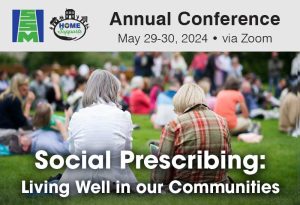 Annual Conference 2024 small poster. image of people sitting on a lawn, two older women in foreground (seen from the back). Caption is Social Prescribing: Living Well in our Communities