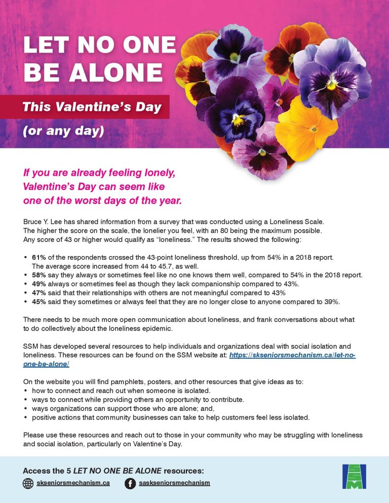 Information sheet for Let No One Be Alone This Valentine's Day (or any day). Heart outlined in pansies on variegated pink/purple background as header.