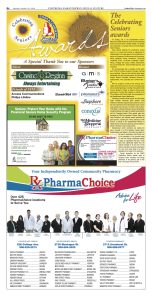 Celebrating Seniors awards Leader Post insert 2013, sponsors and article on gold background with sunflowers, Celebrating Seniors logo and old SSM logo