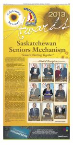 Celebrating Seniors awards Leader Post insert 2013, page 1 award recipients on gold background with sunflowers, Celebrating Seniors logo and old SSM logo