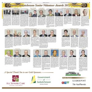 Celebrating Seniors awards Leader Post insert 2013, nominee photos and bios on white background with sunflowers, and sponsor logos