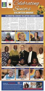 Celebrating Seniors awards Leader Post insert 2023, page 1 award recipients and article on gold background with sunflowers, Celebrating Seniors logo, SSM logo, CAA ad.