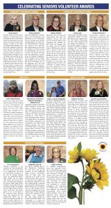 Celebrating Seniors awards Leader Post insert 2023, page 2 nominees and bios on white background with sunflowers, Celebrating Seniors logo