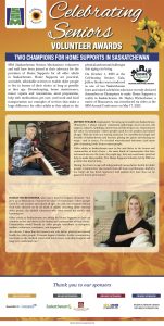 Celebrating Seniors awards Leader Post insert 2023, page 4 Champion headshots and articles, Jeffery Straker and Hailey on gold background with sunflowers, sponsor logos