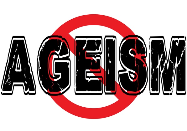 Graphic of word Ageism with slashed circle sign over it.