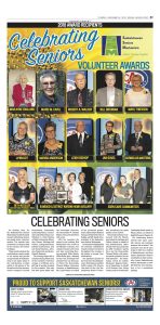 Celebrating Seniors awards Leader Post insert 2018, page 1 award recipients and article on gold background with sunflowers, SSM logo, CAA ad.