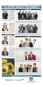 Celebrating Seniors awards Leader Post insert 2018, page 3 nominee photos and bios on white background with sunflowers, sponsor logos