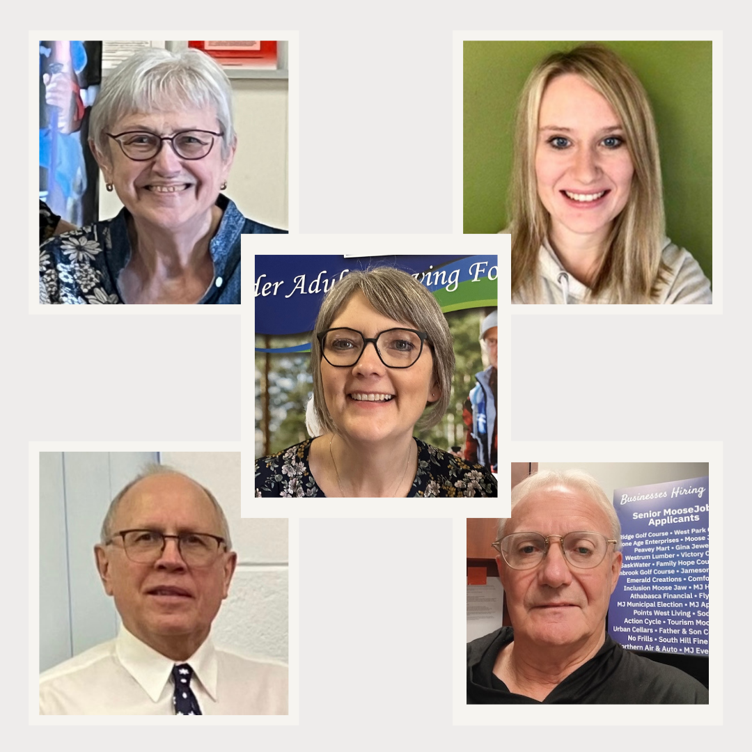 Combined headshots of Linda Pratt, Ashley Scholefield, Wendy Thienes, Doug Still (Age-Friendly Saskatchewan) and Barry Watson (Moose Jobs)