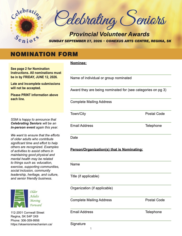 Celebrating Seniors nomination form. Header with Celebrating Seniors logo and words over background of sunflowers, first page of nomination form.