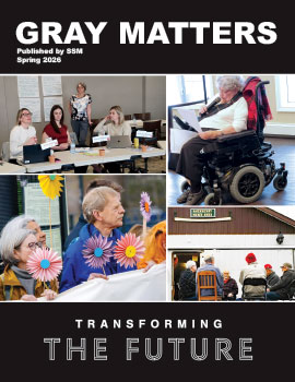 Gray Matters Spring 2026 Thumbnail cover image. Four pictures: top left, four women sitting at meeting table; top right, older woman in power wheelchair speaking into microphone; lower left, older people in demonstration; lower right, older men at Men's Shed meeting